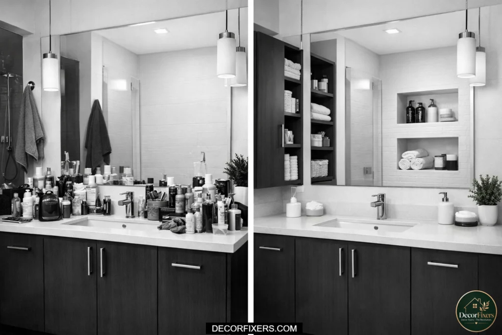 Bathroom with only overhead lighting creating shadows versus layered lighting with mirror illumination