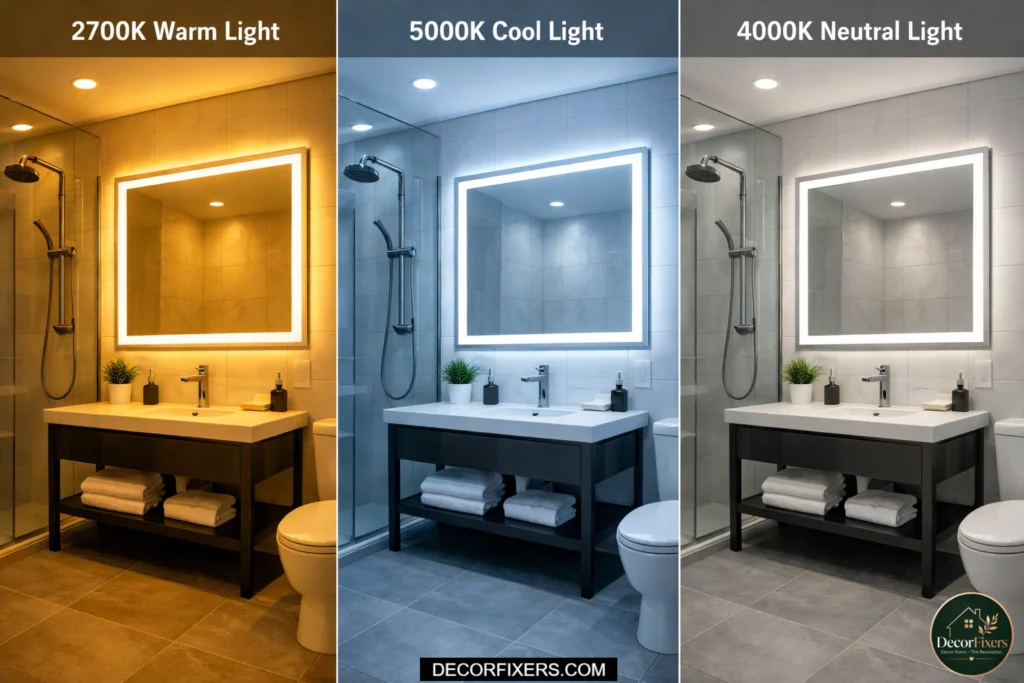 Comparison of warm, cool, and neutral lighting temperatures in black and white bathroom design
