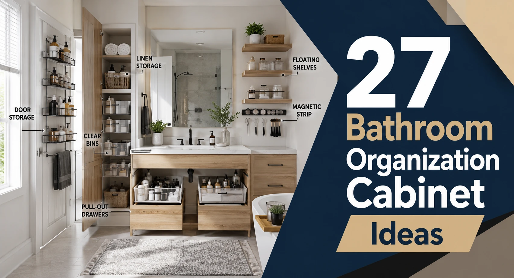 Modern organized bathroom with storage cabinet ideas and bold feature title design