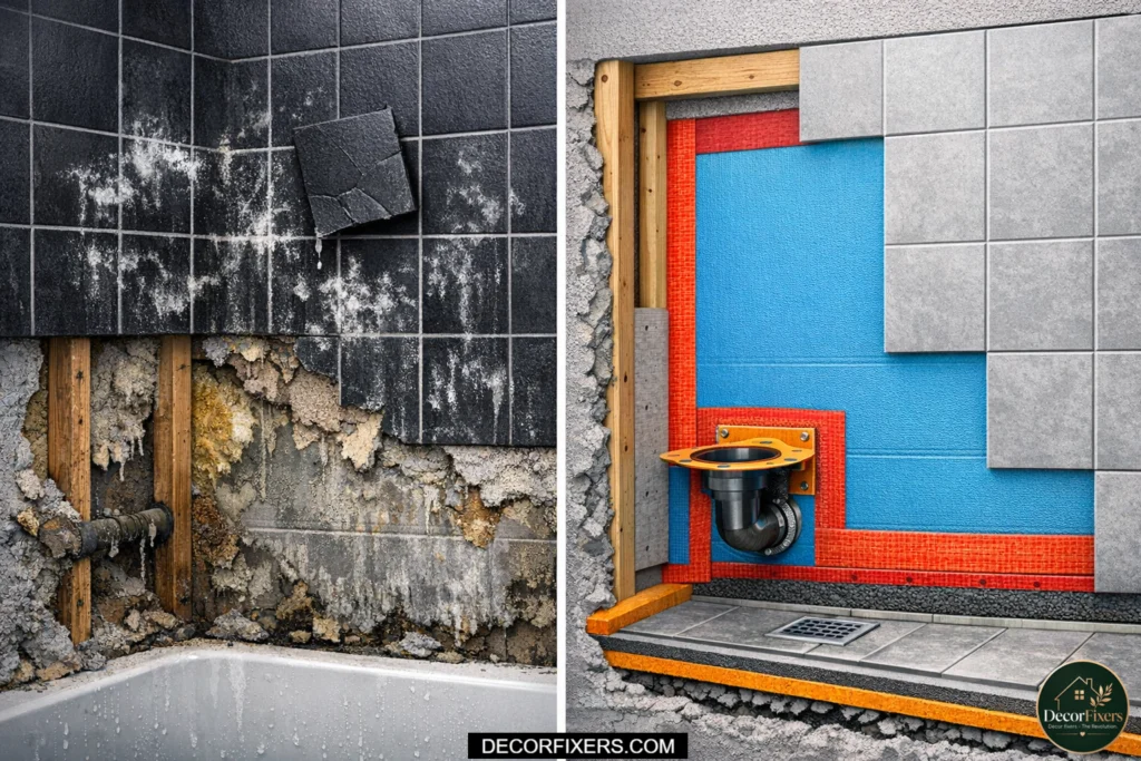 Black tiles showing water damage and mineral stains due to poor waterproofing behind walls