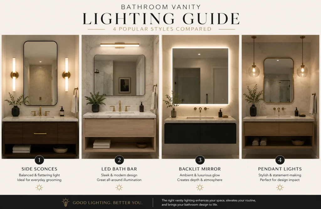 Comparison of modern bathroom vanity lighting styles including sconces, LED bars, mirrors, and pendants.