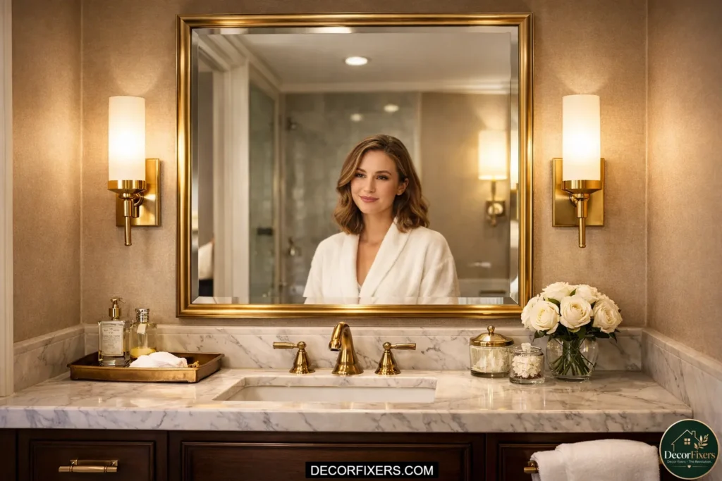 Bathroom sconces beside a mirror creating flattering face-level light