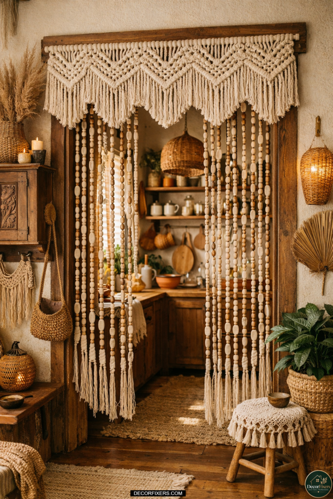 Wooden bead curtain adding texture and personality to a bohemian kitchen doorway