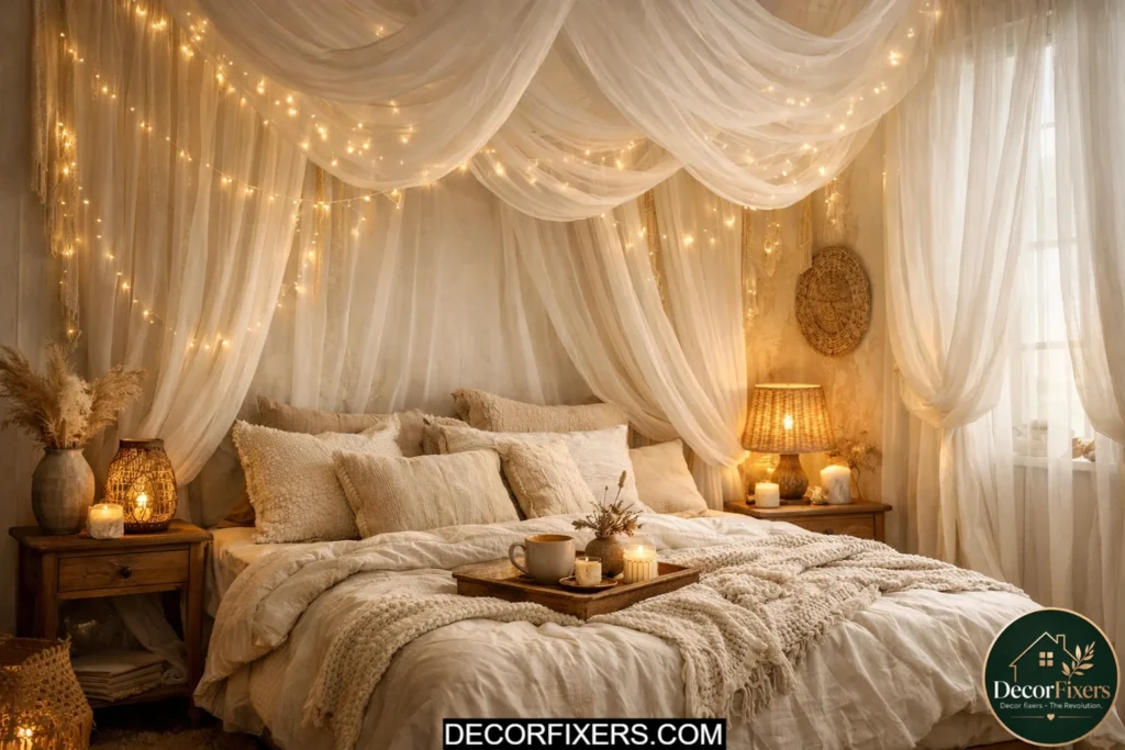 Sheer canopy fabric draped above the bed for a dreamy cozy bedroom look