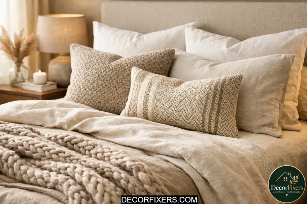 Stylish pillow arrangement creating a luxury hotel-inspired bedroom look