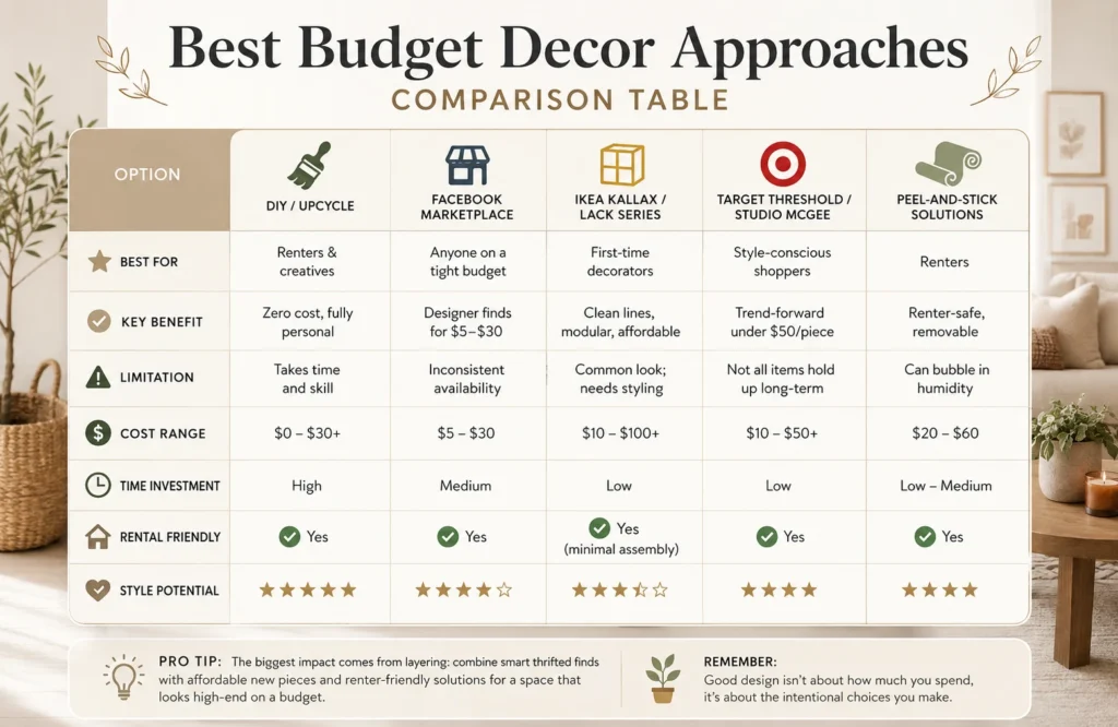 Bedroom budget ideas comparison table infographic with affordable decor solutions