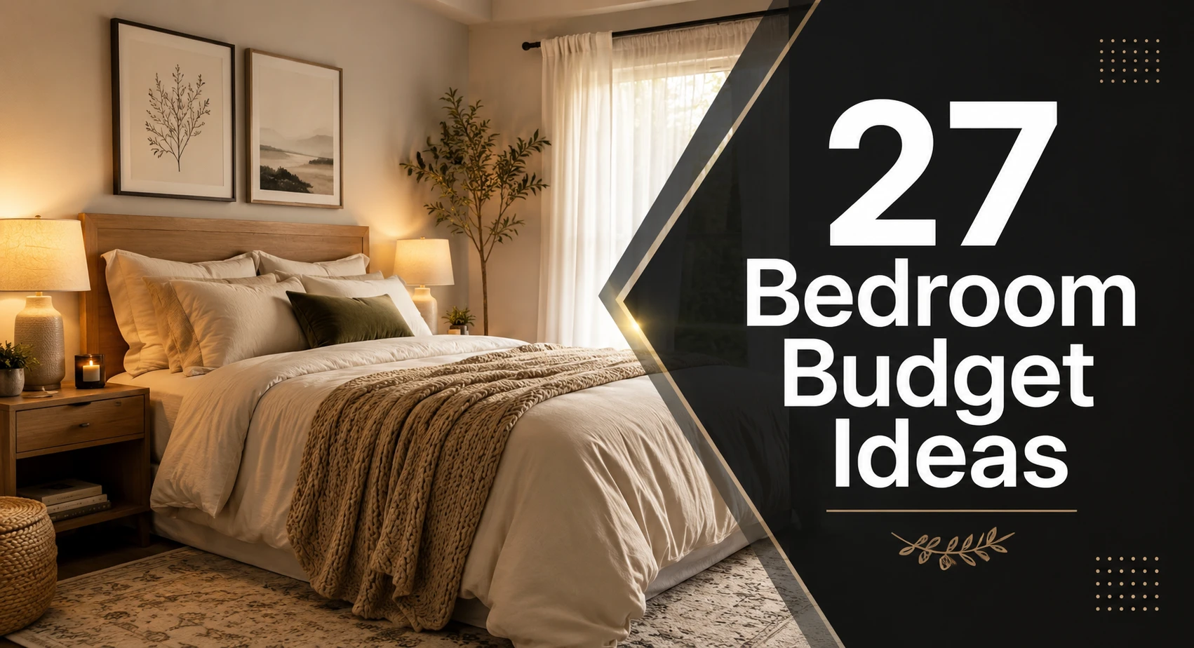 Modern bedroom budget ideas feature image with cozy, luxury-inspired decor