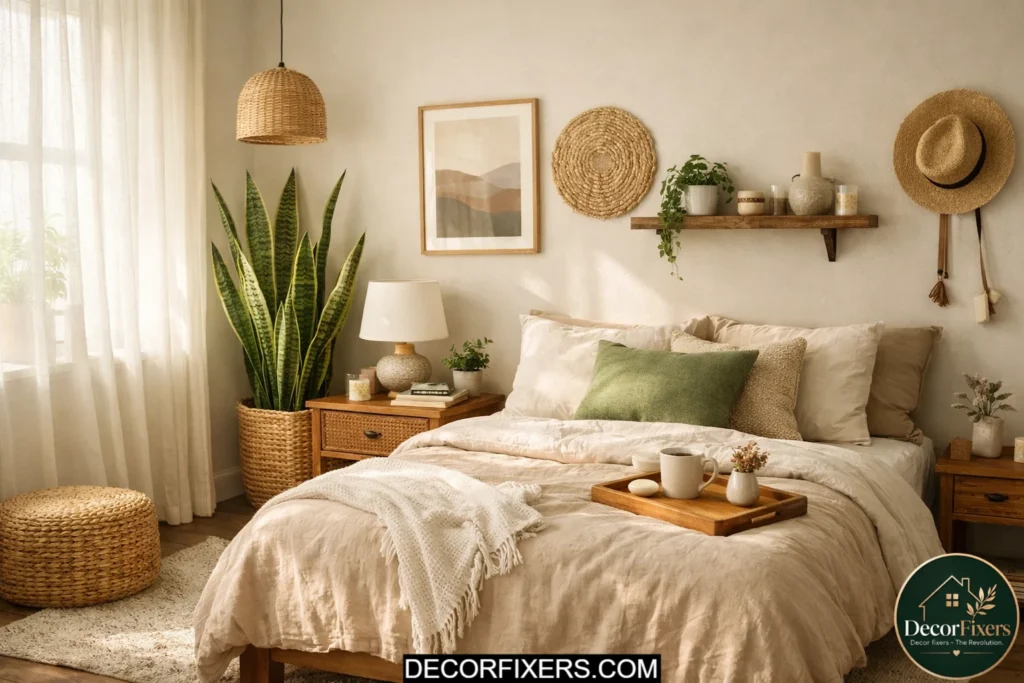 Cozy bedroom corner styled with indoor plants for a fresh modern feel