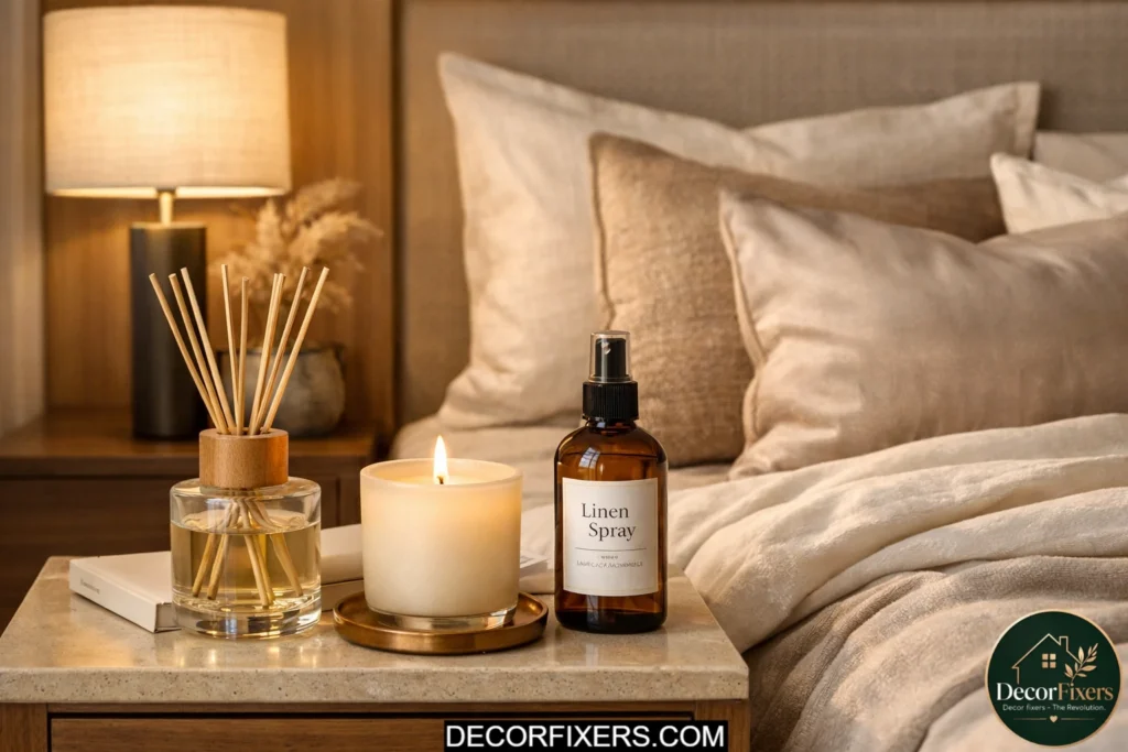 Reed diffuser and candle creating a luxury bedroom scent layering setup