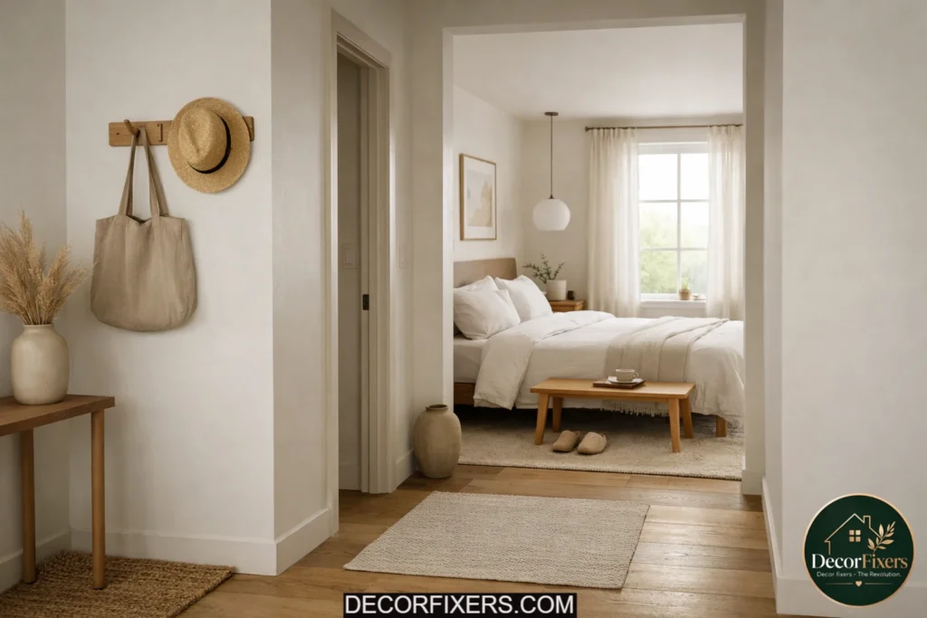 Minimalist bedroom with a calming transition zone and intentional layout design