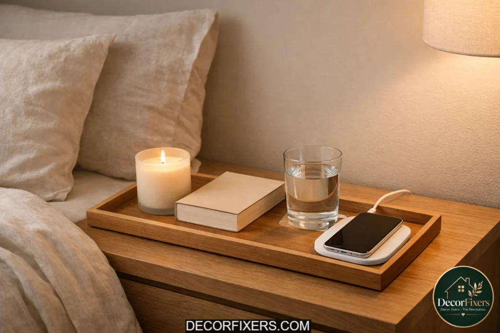 Wooden bedside tray organizing essentials in a minimalist bedroom