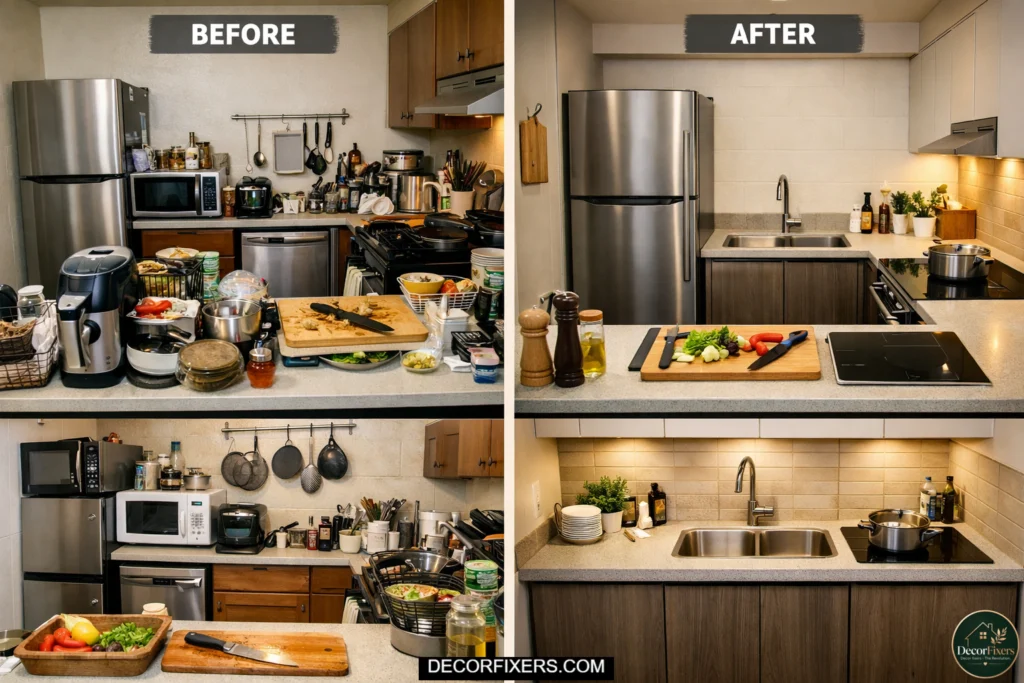 Before and after work triangle layout in a tiny open-plan kitchen