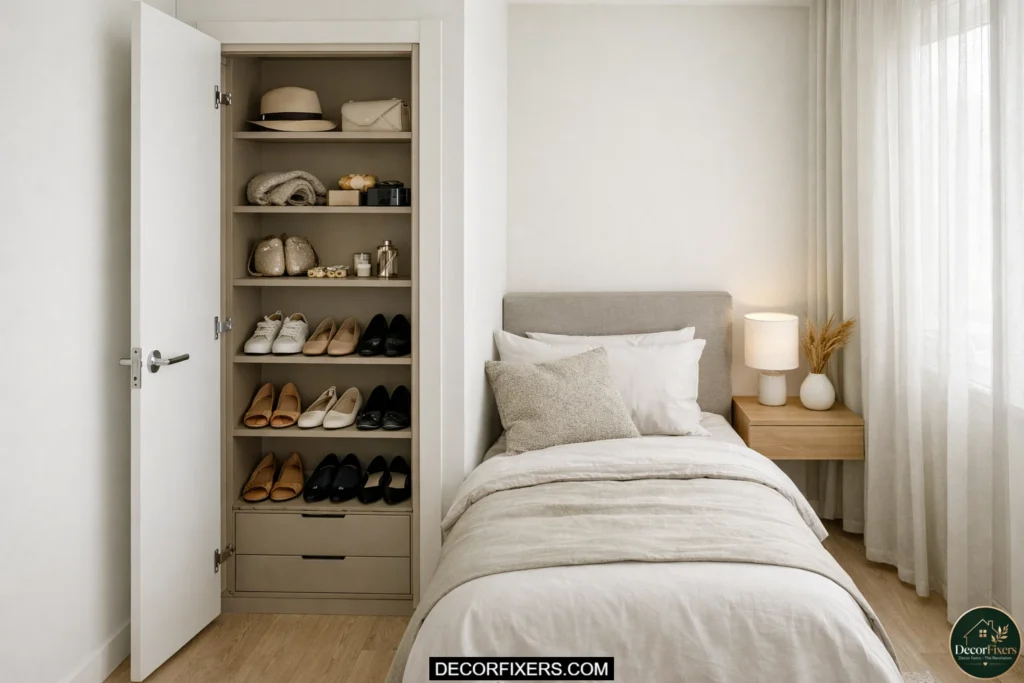 Shallow built-in wardrobe storage hidden behind a bedroom door.