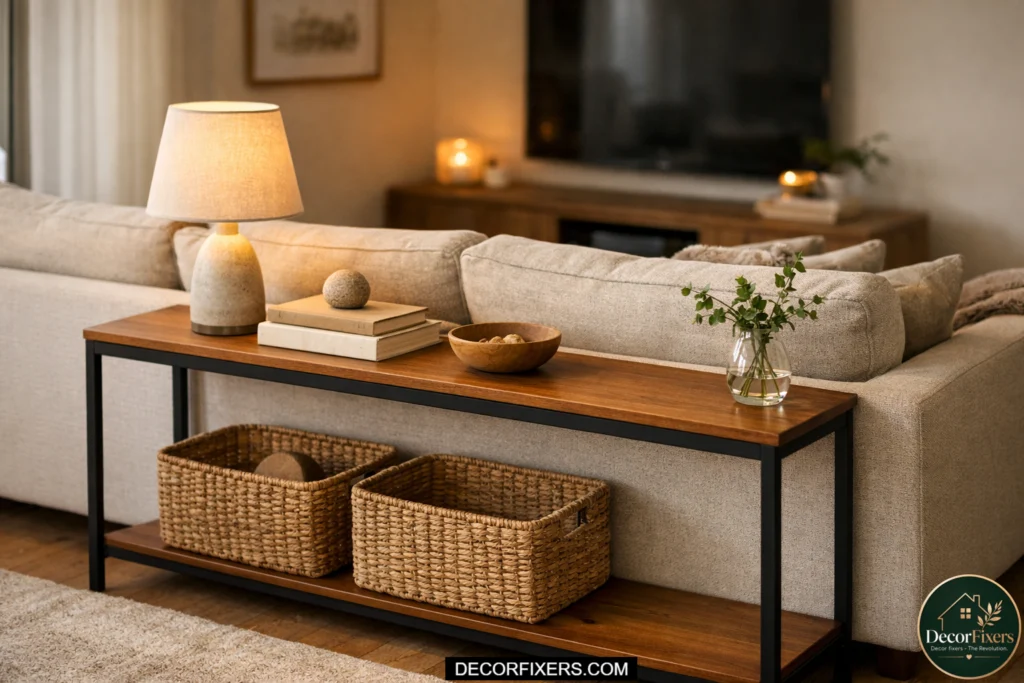 console table behind sofa adding storage in small living room