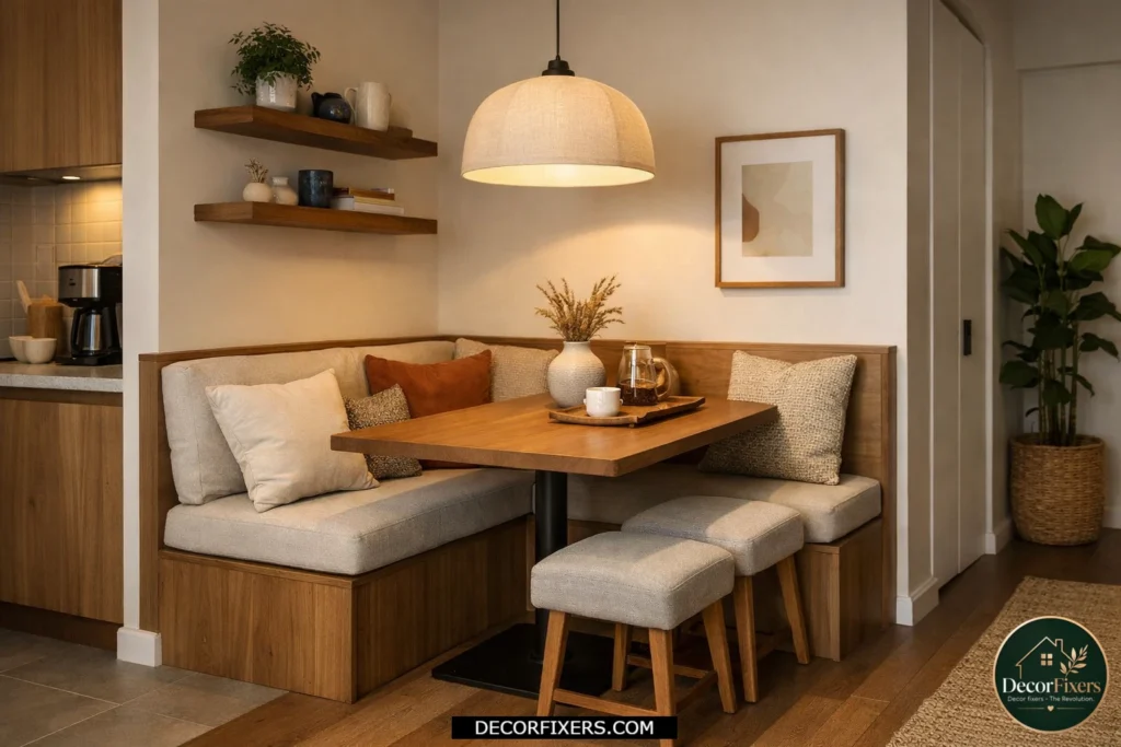 Small dining area with bench seating tucked under the dining table.