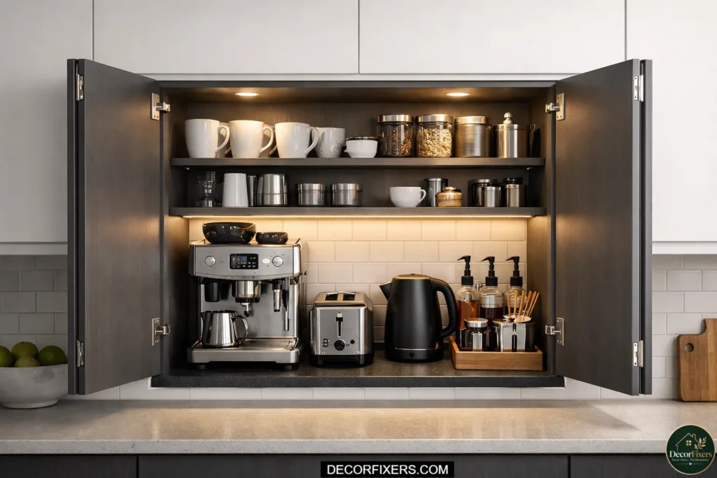 An upper kitchen cabinet fitted with bi-fold doors open to reveal a hidden coffee and toaster station with mugs and pods organized inside