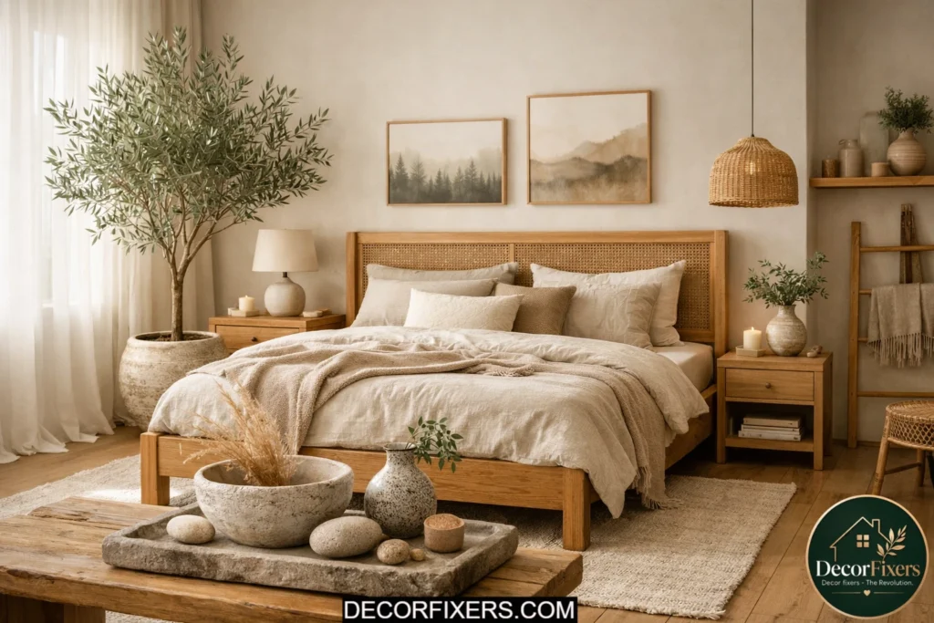 Scandinavian bedroom with indoor plants, wood textures, and earthy decor.