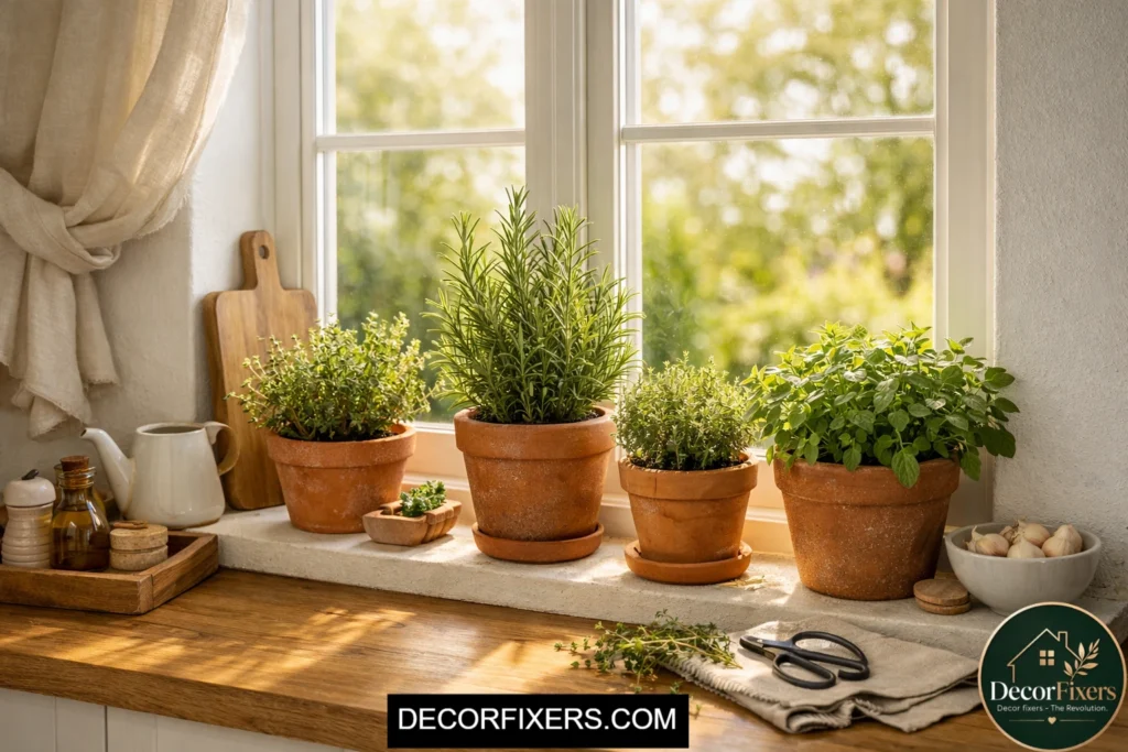 Herb garden on Scandinavian kitchen windowsill