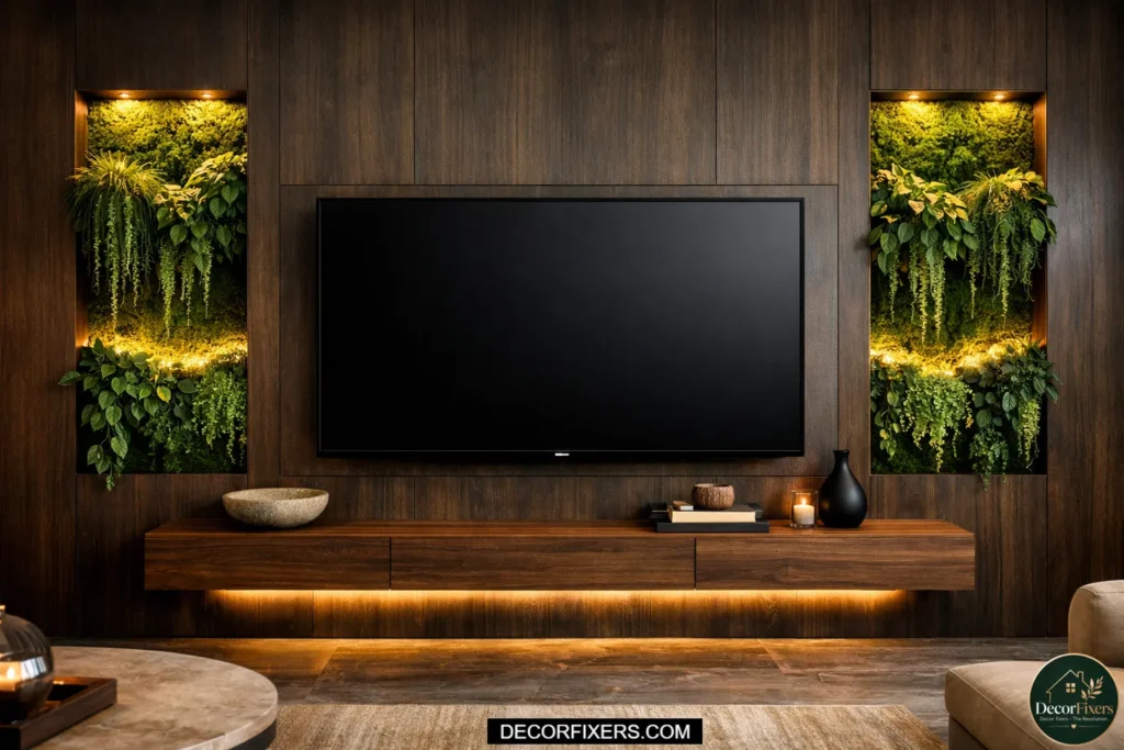 A dark MDF panel TV wall with recessed plant niches integrated into the panel system, holding trailing pothos and preserved moss panels beside a wall-mounted television