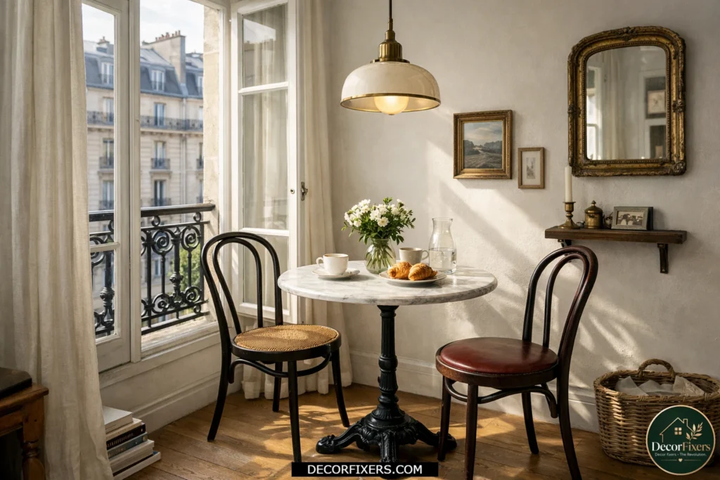 Small apartment dining corner styled with a charming bistro table and café chairs.