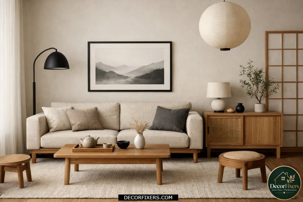Japandi living room styled with subtle black accent decor