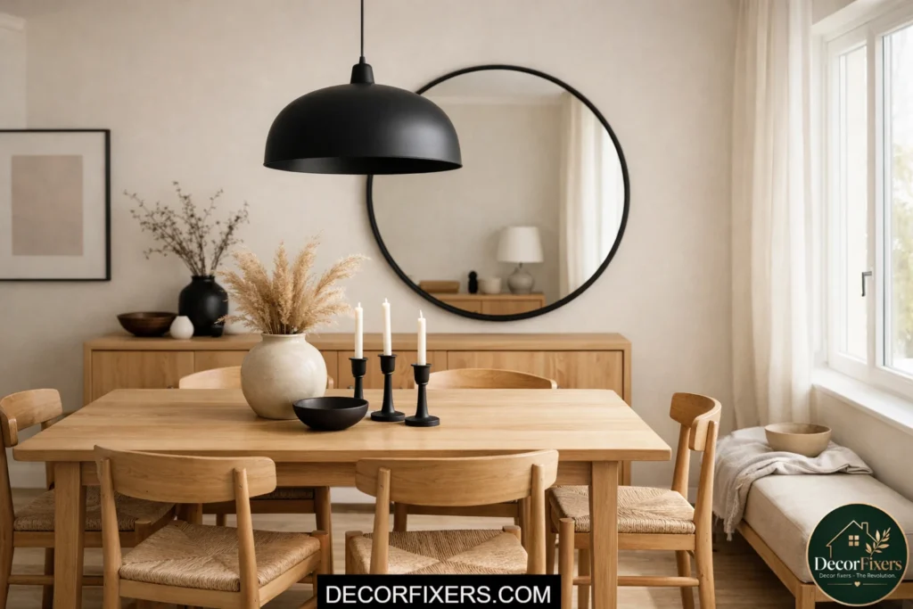 Scandinavian dining room using matte black accents with warm neutral decor
