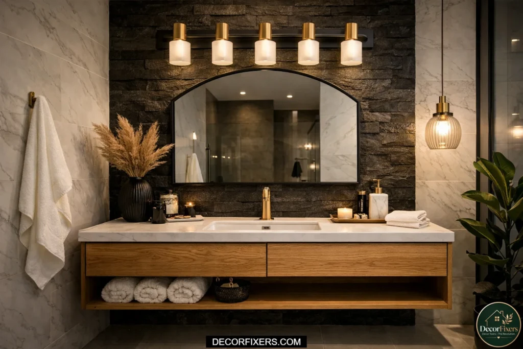 Mixed black and gold vanity lighting fixture in a modern bathroom.