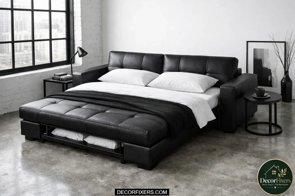 Matte black faux leather sofa bed inside a bright minimalist loft apartment.
