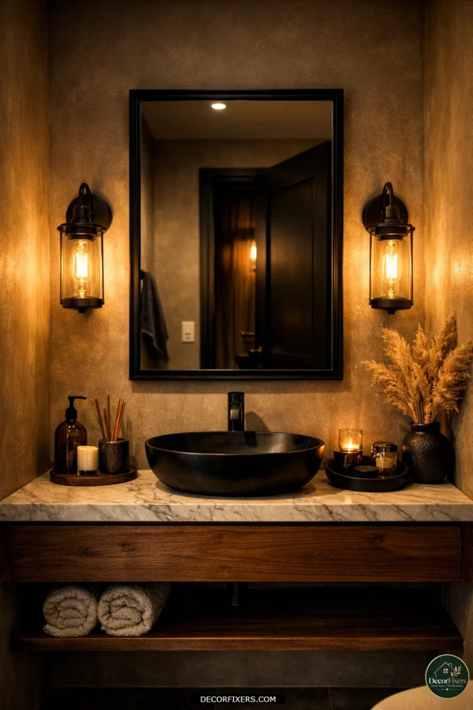 Black-framed bathroom mirror paired with warm Edison sconces for a moody luxury feel.