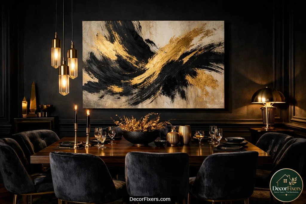 Black and gold abstract canvas wall art in a dramatic moody dining room interior