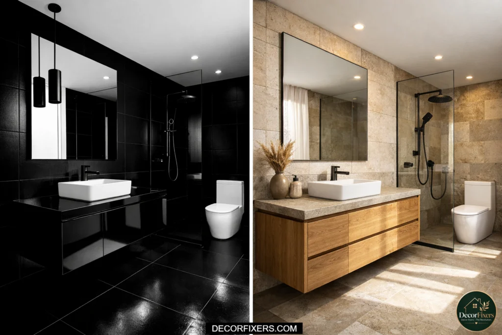 Black and white bathroom without middle tones, compared to a design with a wood vanity adding warmth