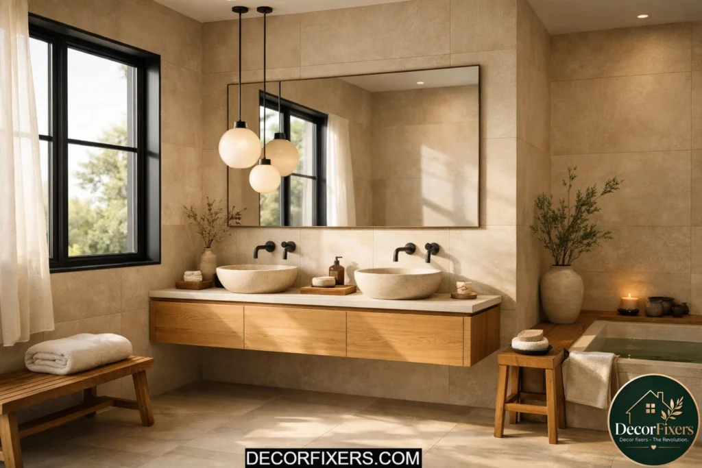 Japandi bathroom with black-framed window and natural daylight