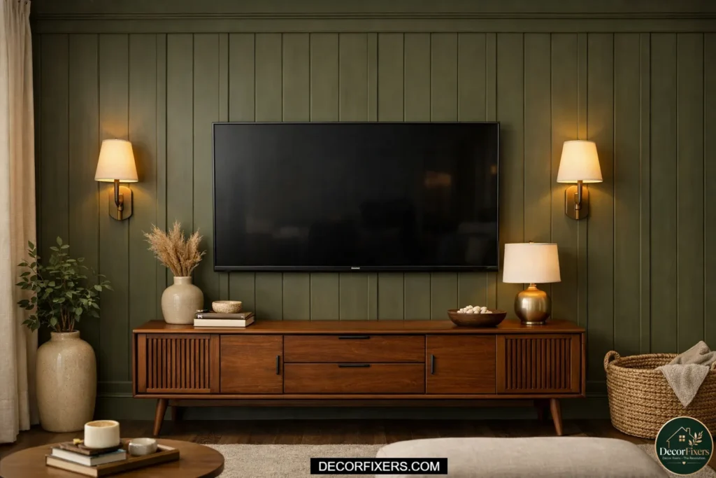 A board-and-batten TV accent wall with vertical MDF battens spaced 16 inches apart and painted in a single tone, paired with a tapered-leg mid-century walnut media console below the television