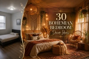 Before-and-after bohemian bedroom transformation featuring macramé wall decor, layered rugs, rattan furniture, warm lighting, earthy linen bedding, trailing plants, and cozy Bohemian styling ideas.