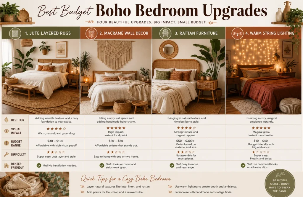Pinterest-style bohemian bedroom comparison infographic featuring layered jute rugs, macramé wall decor, rattan furniture, and warm string lighting with earthy textures and cozy neutral styling.