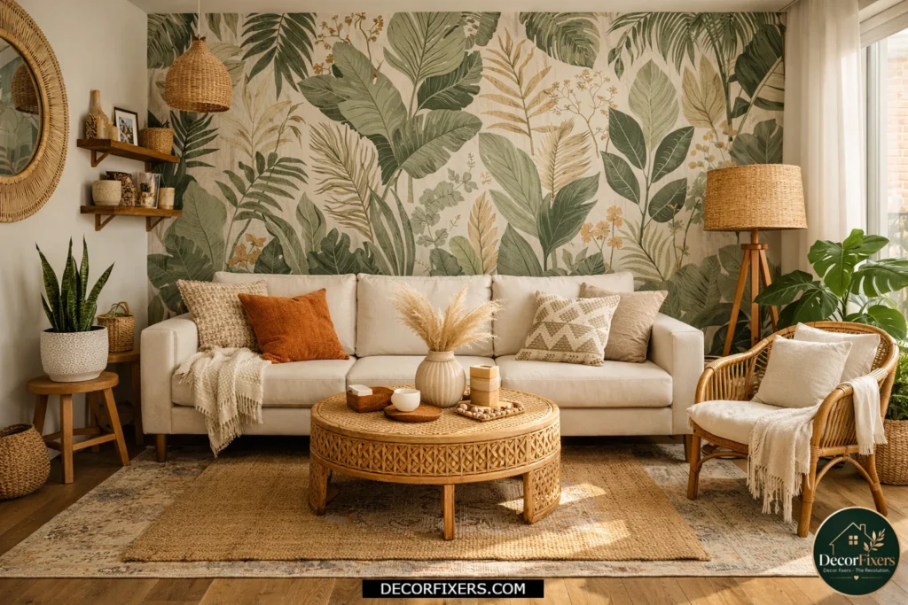 Botanical accent wallpaper in a modern boho living room