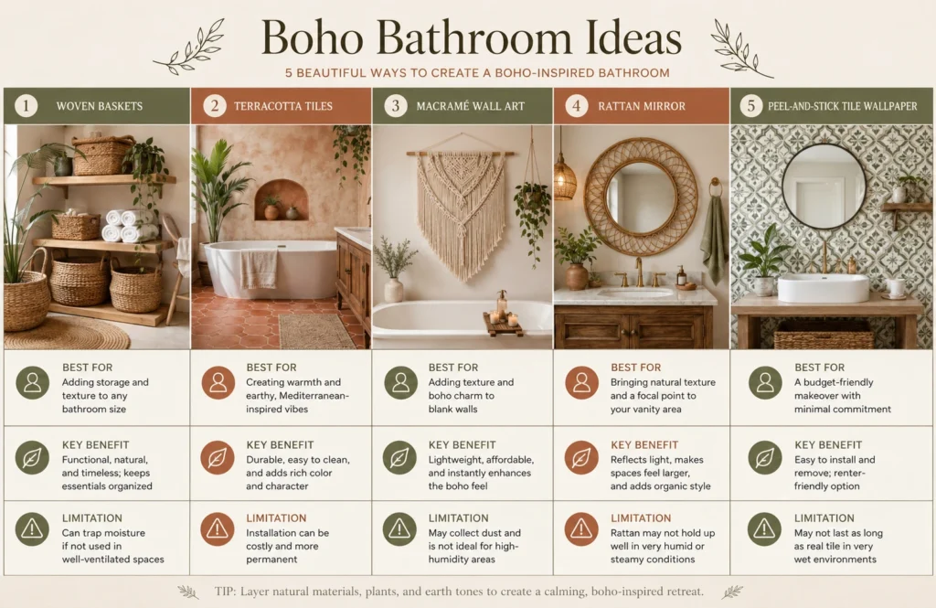 Comparison table infographic featuring popular boho bathroom decor ideas with earthy textures and design benefits