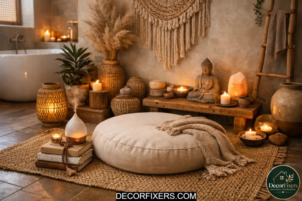 Small meditation corner with floor cushion and oil diffuser inside a relaxing boho bathroom