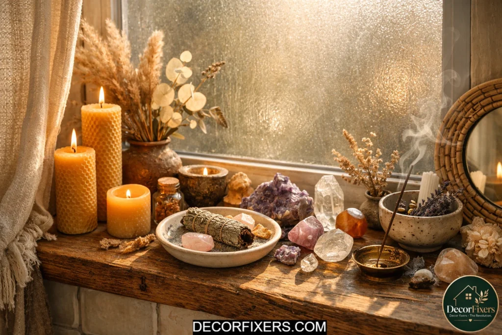Small bathroom ritual shelf styled with candles, crystals, and ceramic decor accents