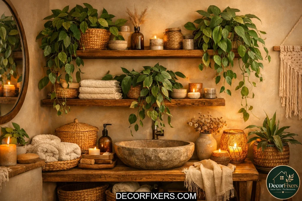 Trailing pothos plants hanging from wooden bathroom shelves in a cozy earthy boho bathroom