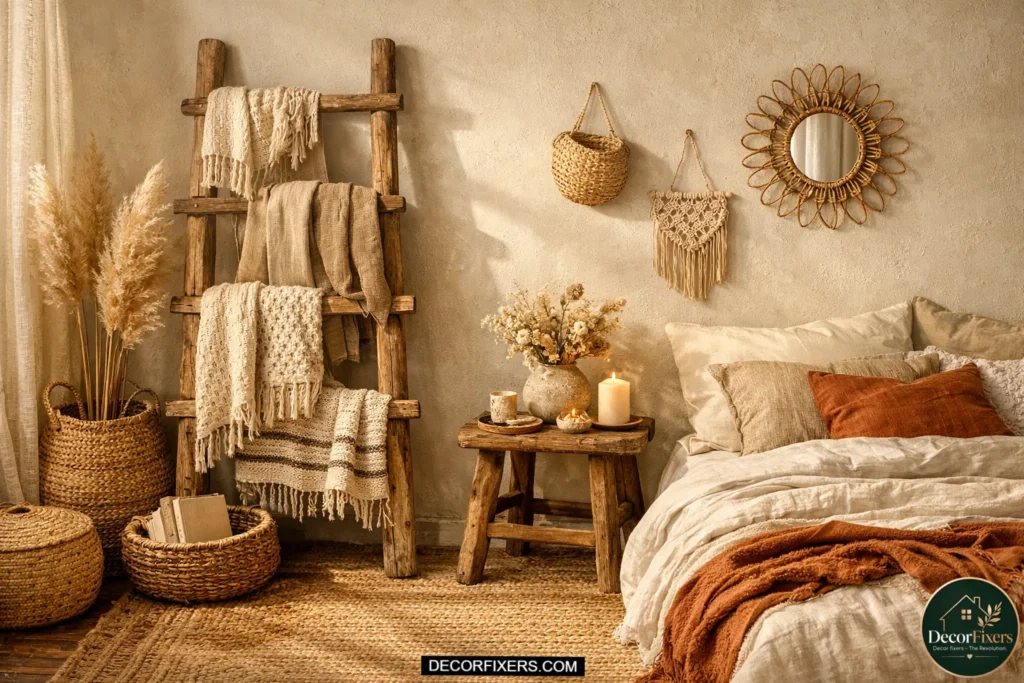 Boho bedroom reading nook with low rattan chair, chunky knit blanket, floor lamp, layered rug, books, and trailing plants in warm sunset lighting.