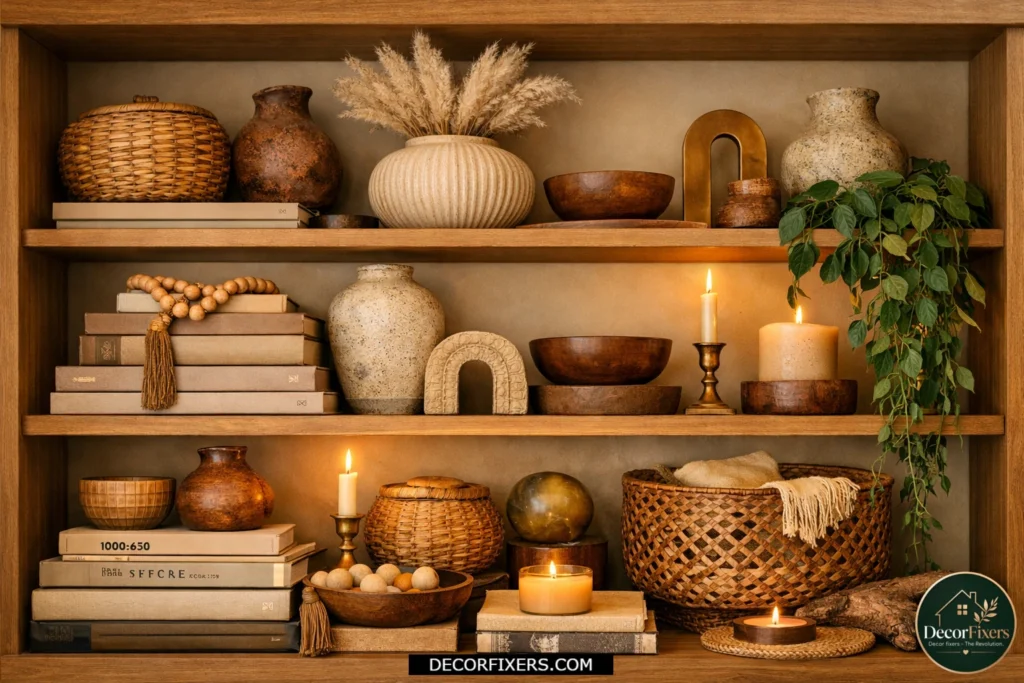 Curated boho bookshelf with plants, books, and ceramic decor
