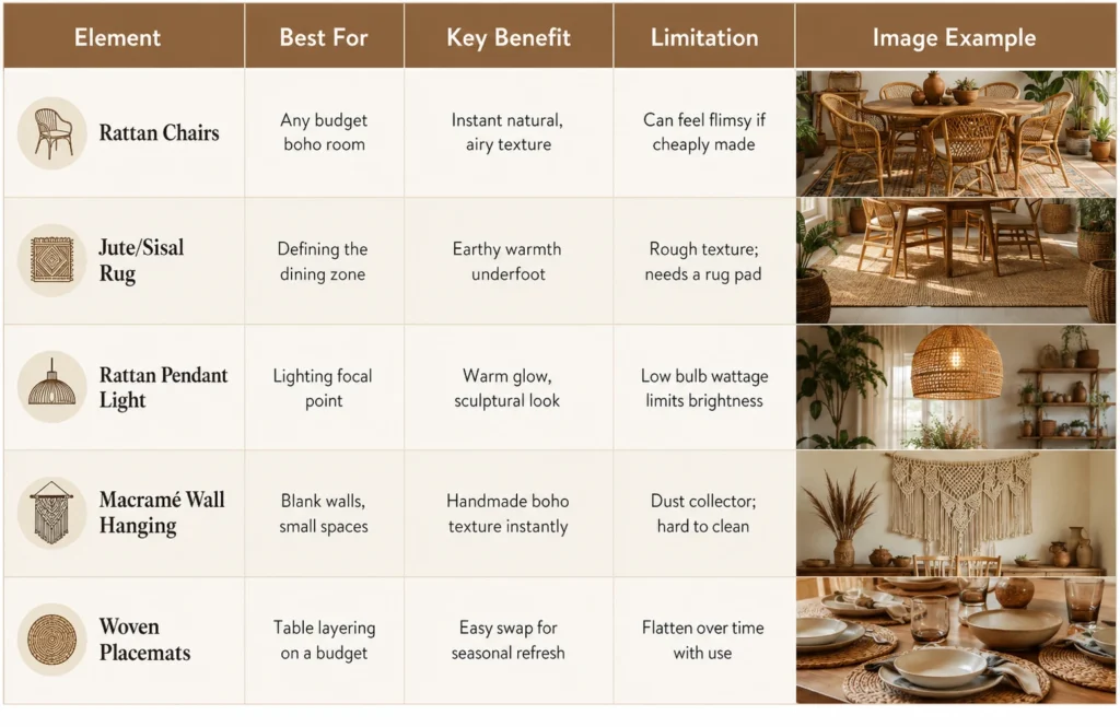 Boho dining room comparison table infographic with rattan chairs, jute rugs, woven pendant lights, macramé wall hanging, and woven placemats