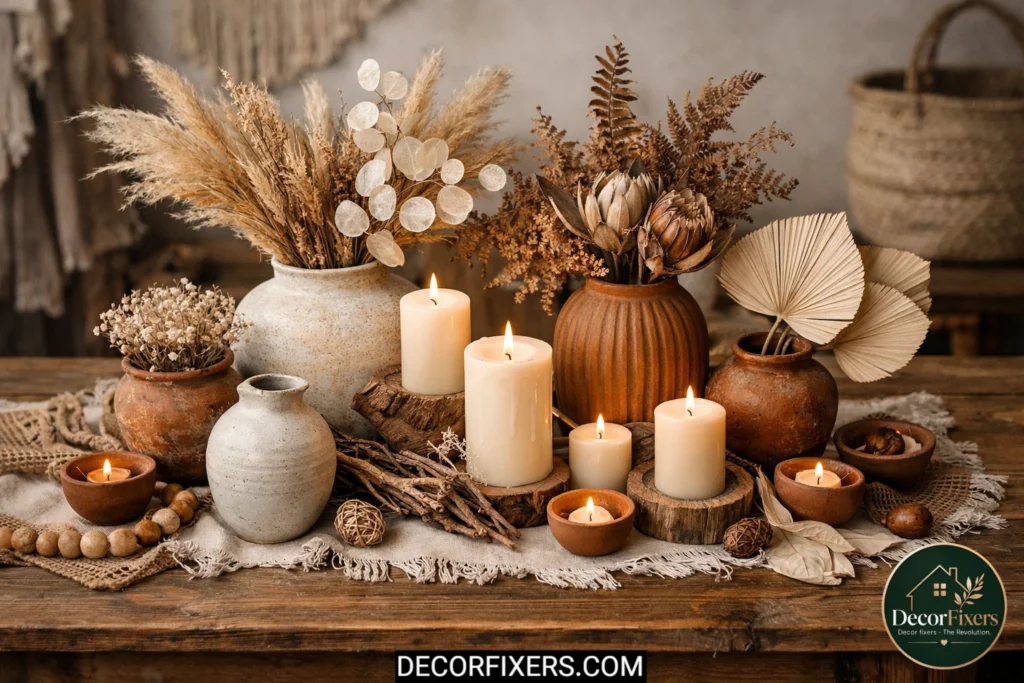 Organic boho dining table centerpiece with ceramics and candles