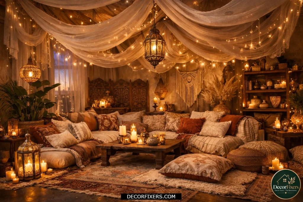 Draped fabric canopy above a cozy boho seating area