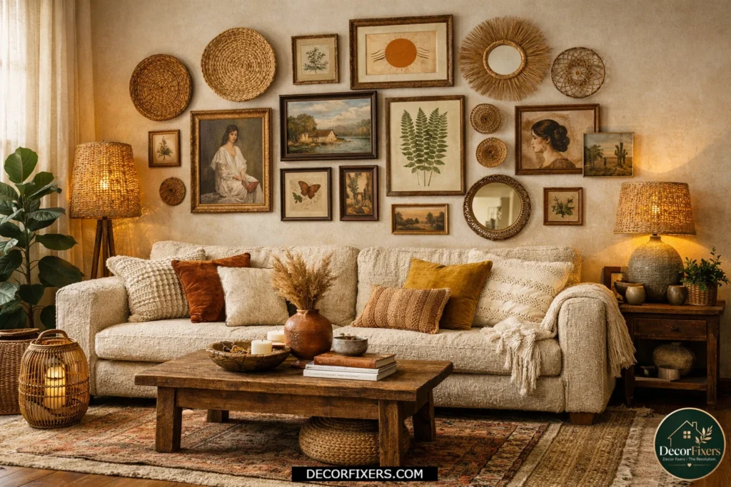 Eclectic boho gallery wall with mixed frames and woven wall decor