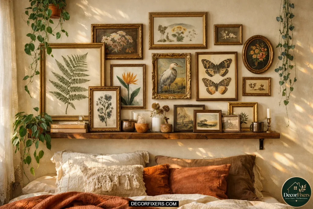 Eclectic bohemian bedroom wall decorated with mismatched vintage frames, botanical art prints, floating shelves, trailing plants, and layered earthy decor in warm natural lighting.