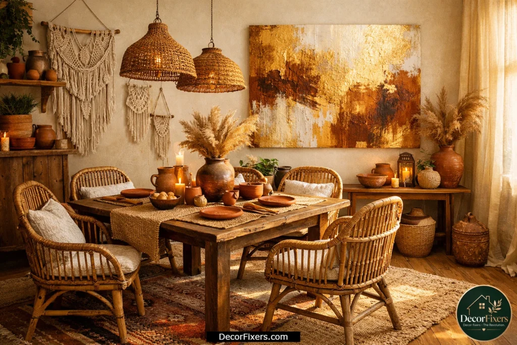 Gold abstract canvas art in a cozy boho-style dining room with earthy décor