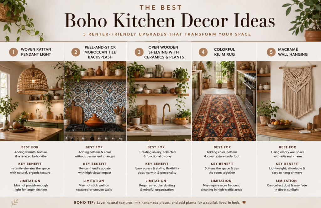 Editorial comparison table showing renter-friendly boho kitchen decor upgrades including rugs, shelving, backsplash decals, and pendant lighting