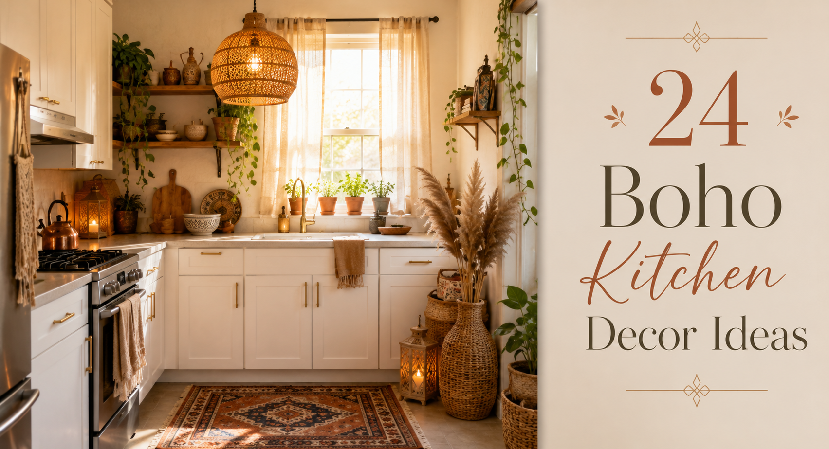 Warm boho rental kitchen transformation with rattan pendant lighting, kilim rug, handmade ceramics, and earthy layered decor